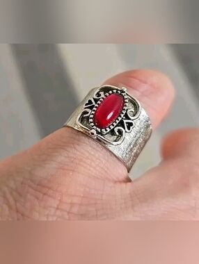 Vintage Sarah Coventry Signed Faux Ruby Red Cuff Ring Adjustable